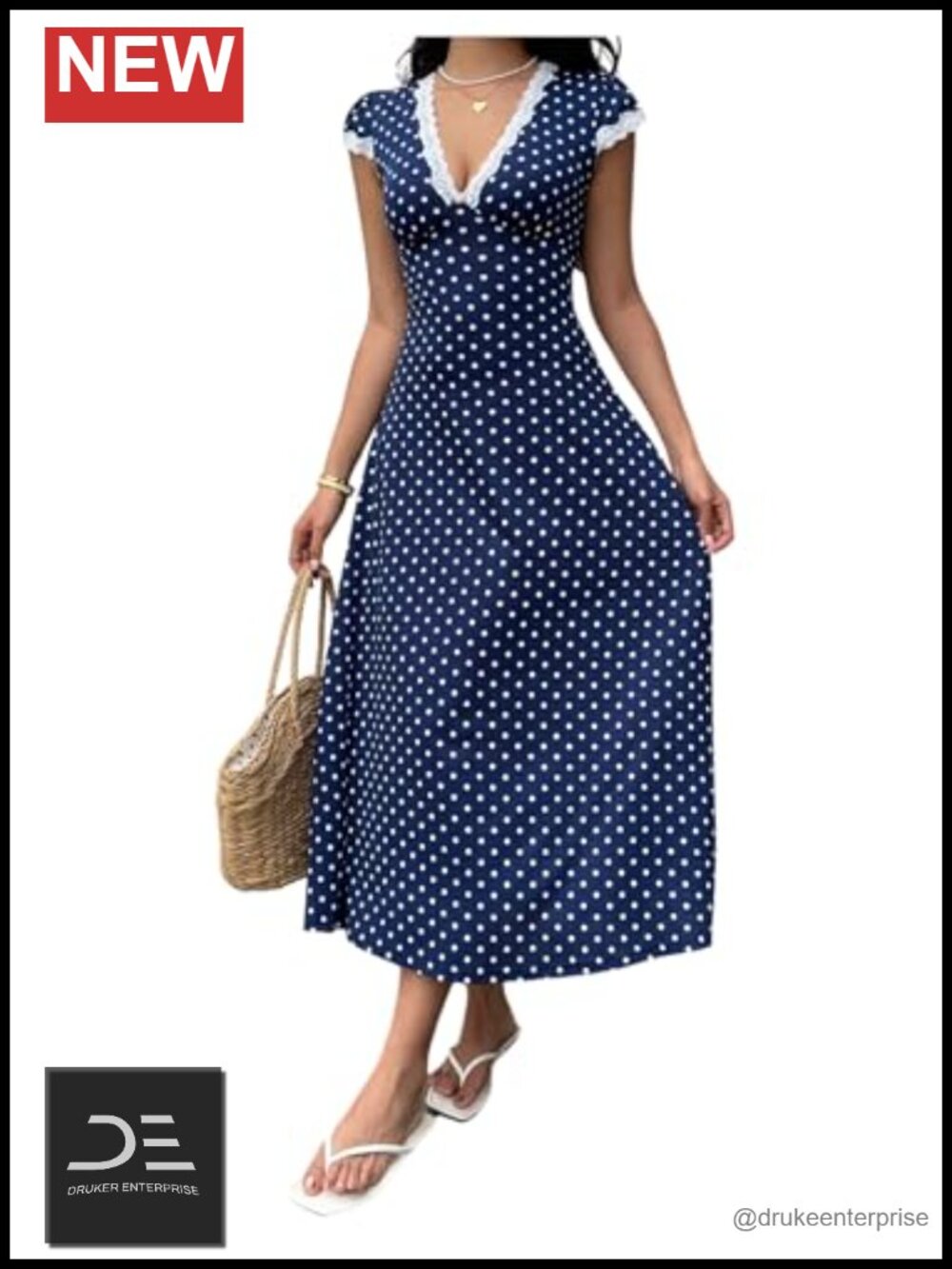 Women's Polka Dot Lace Trim V Neck Short Sleeve Maxi Dress A Line